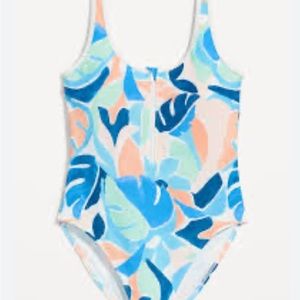 Old Navy Floral Swimsuit half zip blue white coral sz large 12/14 NWT